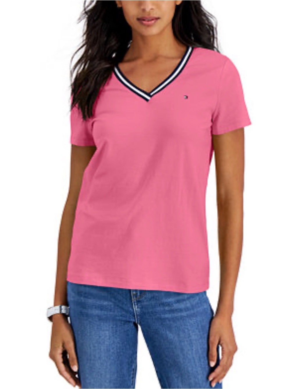 Tommy Hilfiger Pink V-Neck Short Sleeve Tee with Contrast Trim